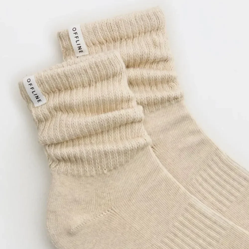 OFFLINE Heather Frost Cream Tan Short Scrunch Tab Logo Cotton Socks